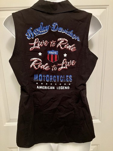 Harley Davidson Black Button Up Shirt Bling Back Women’s Small Biker Rhinestone