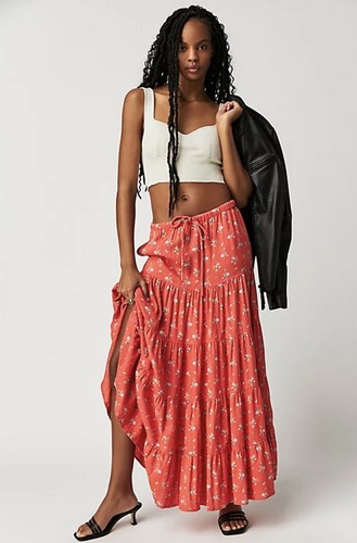 NWT Free People Nova Tiered Floral Maxi Boho Skirt Guava Coral Size Small