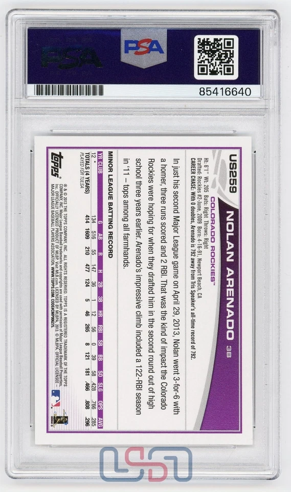 Подписанный Ноланом Аренадо кардиналами 2013 Topps обновление RC #US259 PSA/DNA GEM MT 10 - Изображение 2 из 2