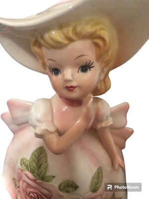 1964 Samson Import Co Planter Girl in Wide Brim Hat Pink Roses Flowered Dress