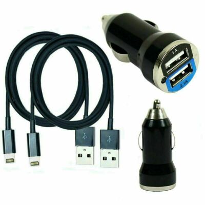 2x Black Dual Output Car Chargers w/ 8-Pin Cords for Phone 13 12 11 X XS