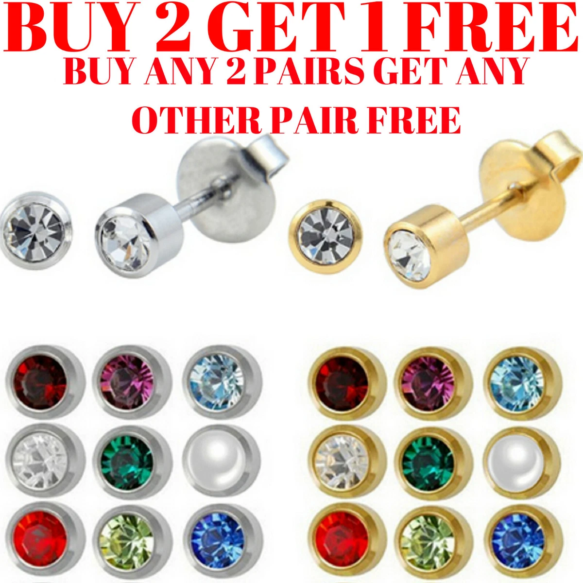 Ear Piercing Studs Stud Earrings Surgical Steel Pairs Rose Gold Silver