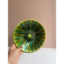 Vintage Anne Marie Davidson Copper Enamel Round Decorative Plate Green Sunburst