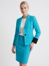 VTG Gianni Versace Turquoise Wool Skirt Suit Set Italy Size 38 Blazer Mini Skirt