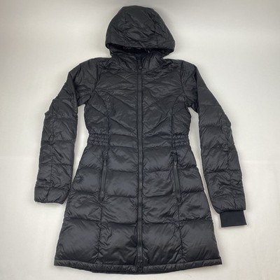 Athleta Womens XXS Jacket Black Goose Down Full Zip Parka Hooded Banner Peak