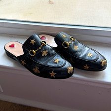 Gucci Princetown Mule Black Leather Bee Star Embroidery Gold Horsebit Size 8