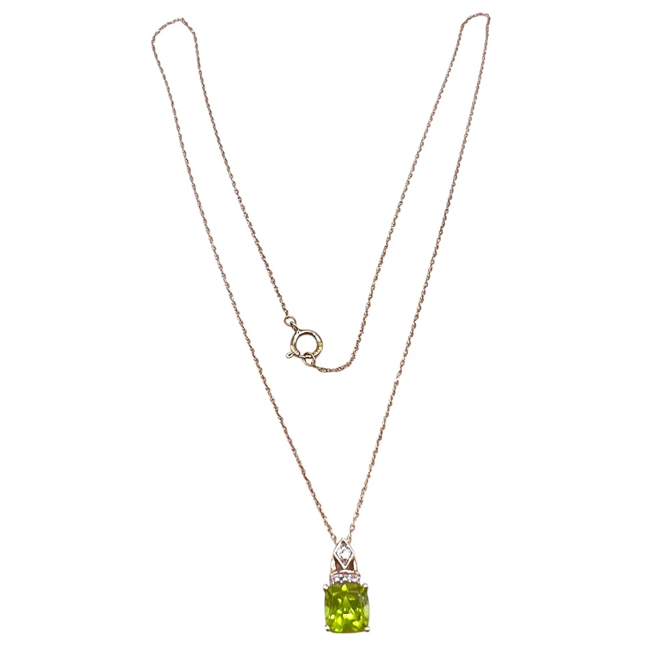 Green Peridot Cushion Cut Diamond 10k Yellow Gold Pendant Necklace 18" -1681 - Image 2 of 4