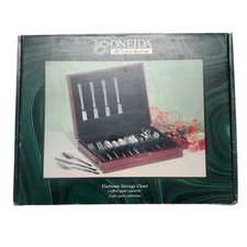 Wooden Flatware Storage Chest Box Case Brown Service 12 Silverware 14.75x11.5