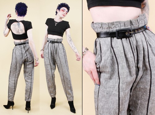 80s Vtg Grey & Black Stripe 100% Linen High Waist Tapered Paper Bag Pants W27-30