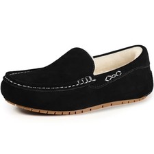 Women's Genuine Suede Moccasin Slippers Fluffy Cozy House Shoes with 7.5 Black