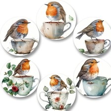 ROBIN BIRD TEA CUP COASTERS 6PC SET WOODEN TEA COFFEE COASTER GIFT SET