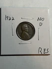 1922 No D Weak Reverse Lincoln Cent Very Fine VF Key Date