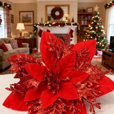 12 PCS Poinsettia Flower Artificial Red Christmas Flowers Artificial 5.5'' Glitt