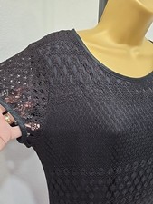 Vtg Open Knit Crochet Lace Black Midi Dress Womens Size 8 Lined Whimsigoth USA