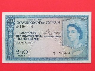 BILLETE COLECCIONABLE CHIPRE BRITÁNICO (1957 RARO ESCASO) 250 MILS ALTO GRADO RARO