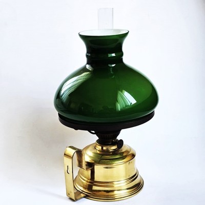 Kosmos Brenner Oil Lamp Brass Base Table Wall Green Glass Shade Clear Chimney