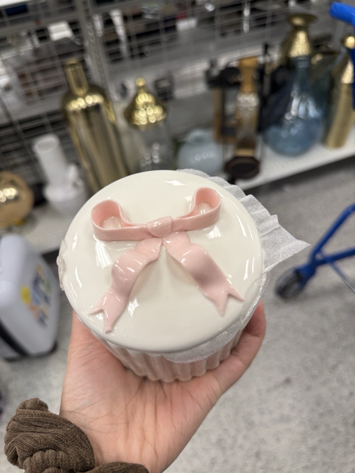 Pink Bow Lid  Ceramic Fluted Jar Decor- New Sealed