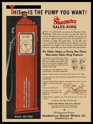 1935 Sharpsville Boiler Works SHARMETER Meter Gas Pump NEW METAL SIGN: 9x12''