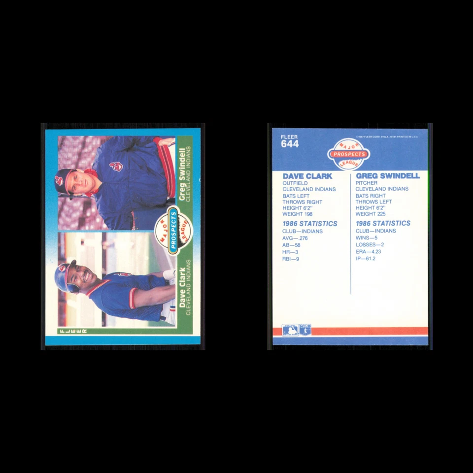 Dave Clark/Greg Swindell Rookie #644 1987 Fleer Glossy Cleveland Indians Card NM - Image 3 of 3