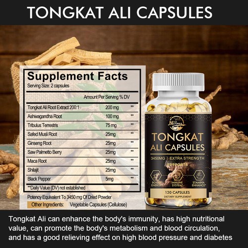 Male Enhancement 240 Capsules TongkatExtract 200:1 Natural Testosterone Booster - Picture 3 of 10
