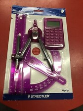 Staedtler 4 Piece Set Math Instruments Ruler Protractor Compass Calculator Pink