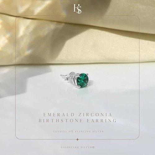 Men's Birthstond Emerald Solitaire Stud Earring 92.5 Sterling Silver Diamond Lik - Picture 4 of 5