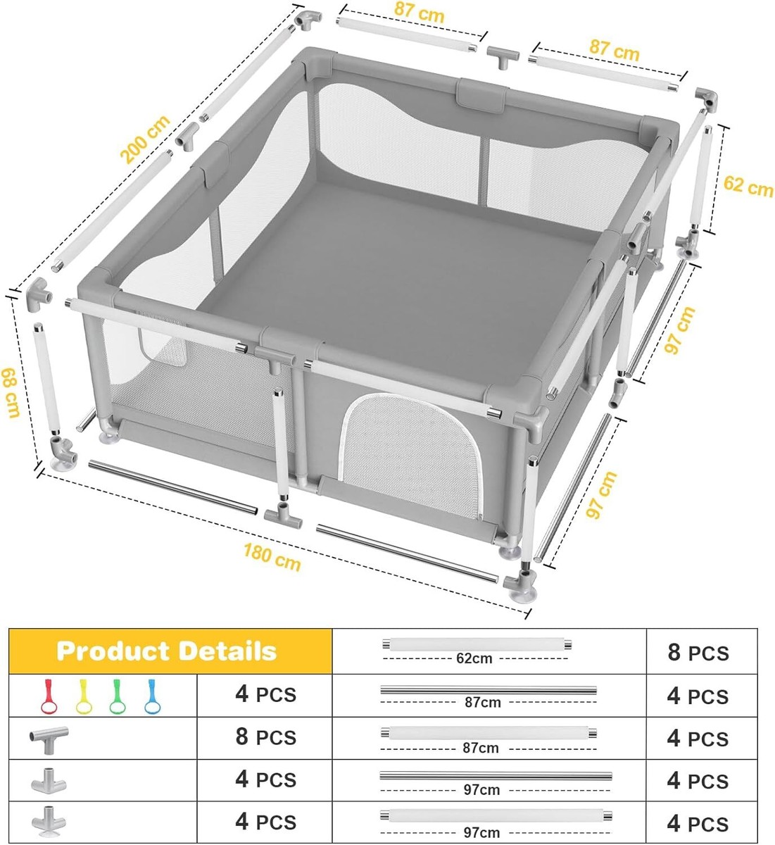 Box Per Bambini 200x200cm In Tessuto Oxford - Recinto Con Rete Traspirante E Base Antiscivolo, Grigio Scuro - Foto 3