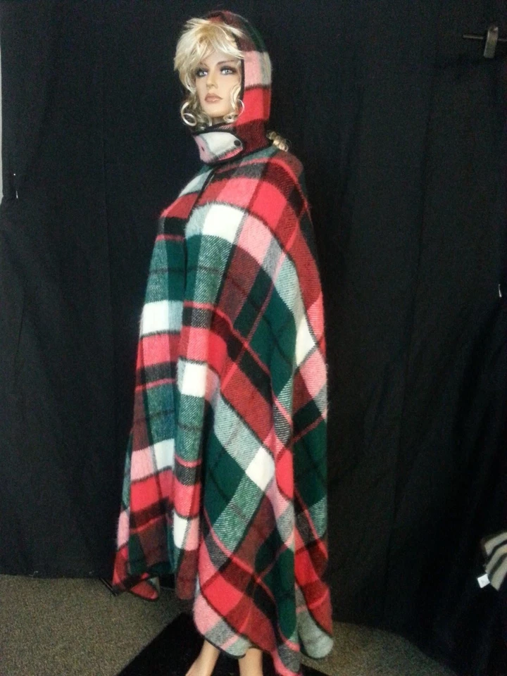 Poncho de Colección Años 70 Largo a Cuadros Capa Abrigo Abrigo Manta Abrir Desprendimiento Capucha Difusa Talla Única Foto 4 de 4
