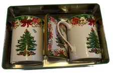 SPODE ENGLAND XMAS TREE 5-PIECE TIN SET MUGS COASTERS ST. NICHOLAS POINSETTIAS