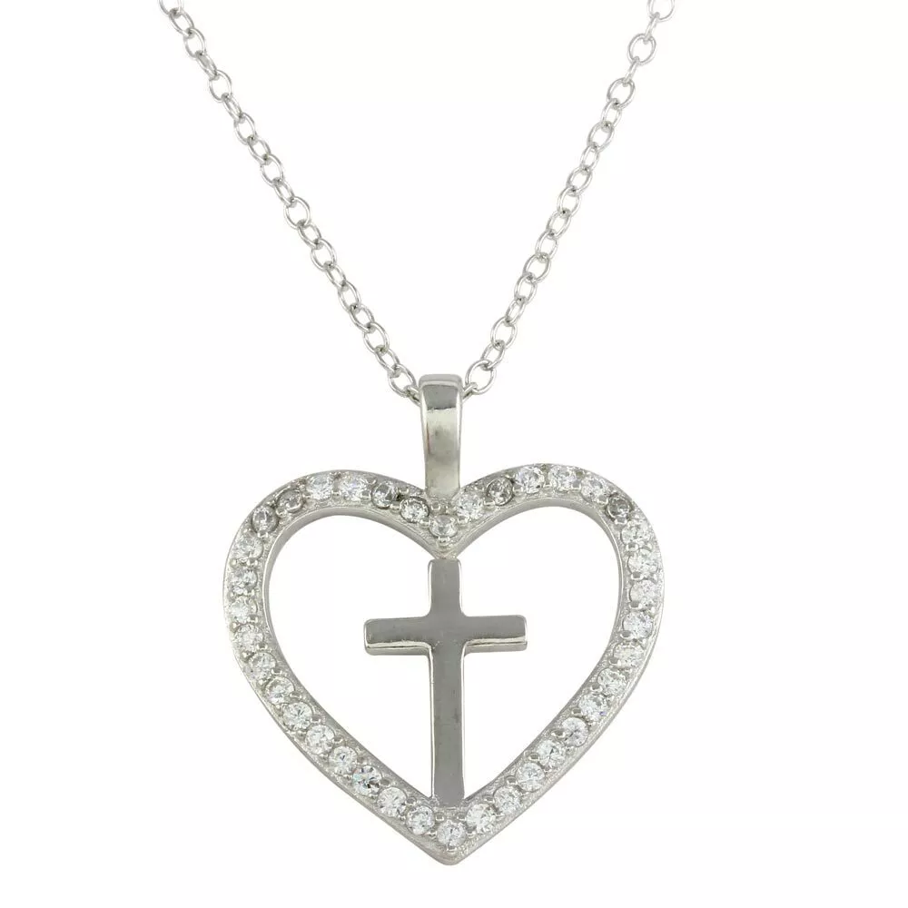CROSS INSIDE A HEART NECKLACE PENDANT W LAB ACCENTS 925 STERLING SILVER