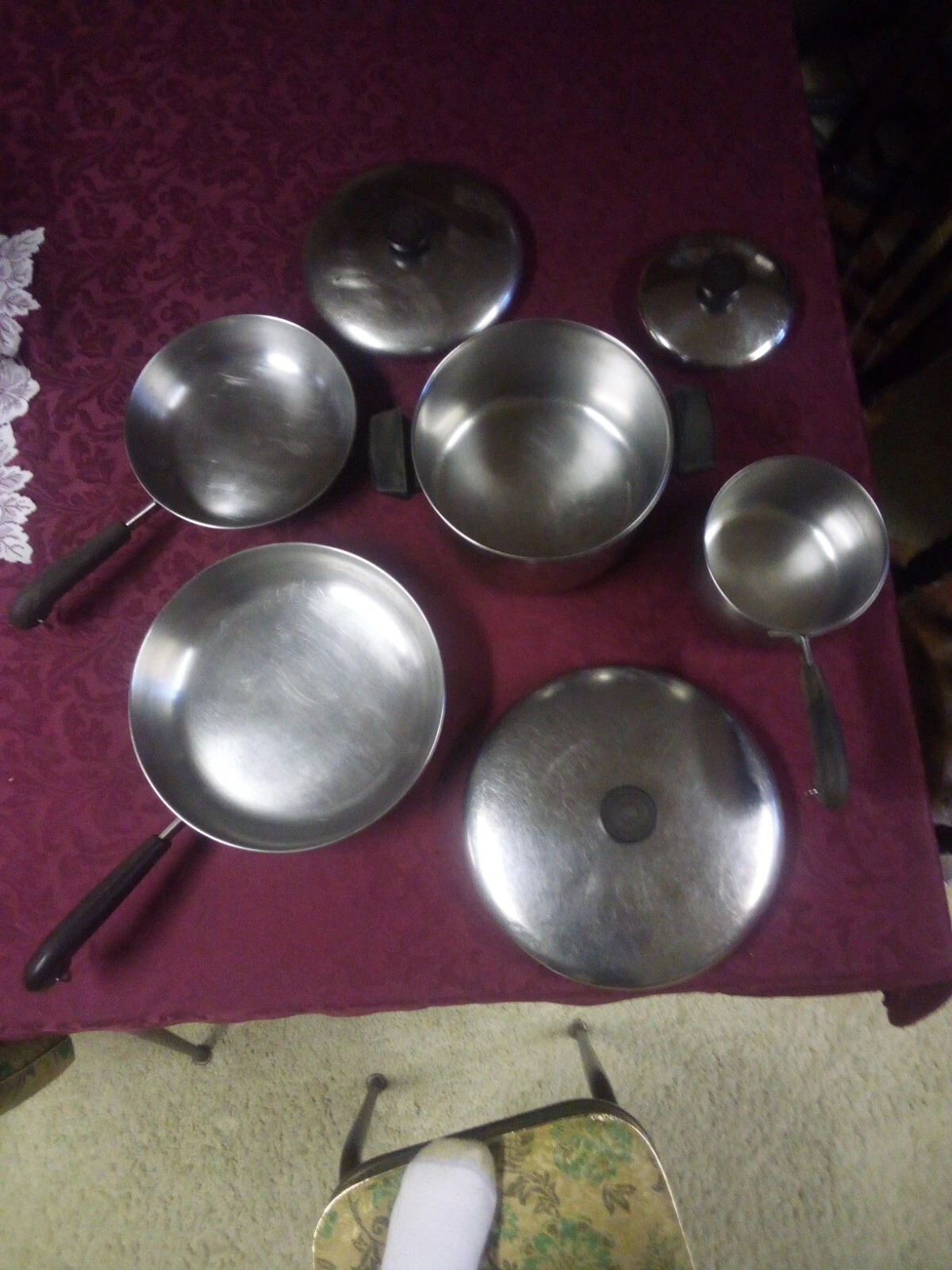 7 -pieces Vintage Revere Ware Copper Bottom Pots Pans w/ Lids see pictures