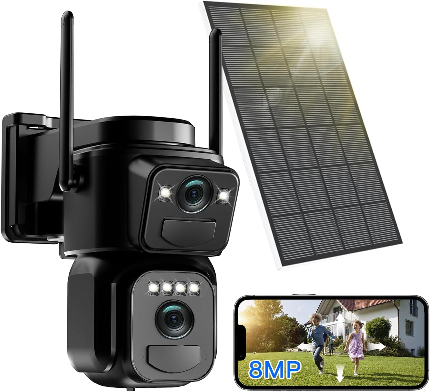Solar Security Cameras Wireless Outdoor, 4K 8MP Battery Powered 2.4Ghz Dual Lens