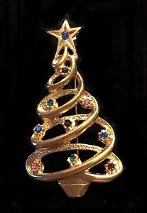 Vintage Modern Gold Tone Rhinestone Holiday Christmas Tree Brooch Broach Pin