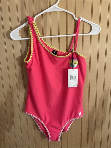 NWT HURLEY Girls Pink Asymmetrical One-piece Swimsuit Size L 12/14