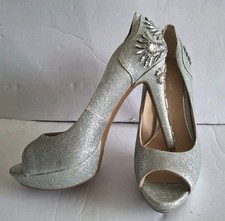 Gianni Bini Silver Rhinestones Platform High Heel Shoes Size 10 Peep Toe Glam