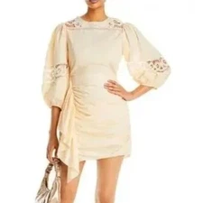 NEW RHODE PIA SHIRRED MINI DRESS IN CREAM WITH CROCHET LACE SIZE 4