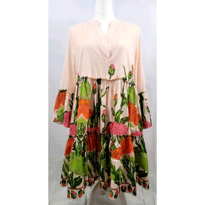 Julie Brown NY Floral Ruffle Bell Sleeve Tiered Dress Women s L White Lotus