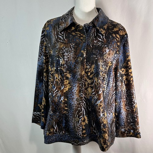 Ruby Rd Woman Animal Print Metallic Textured Button Front Jacket Blue Brown 18W