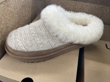 UGG Cluggette Cabelle Knit Women's Slippers Beige Cable Knit Fur Trim Size 7to10