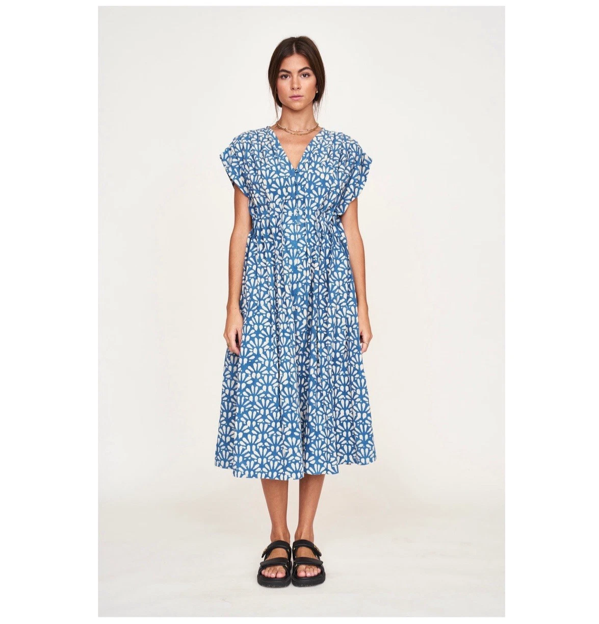 Mirth Korcula Dress In Trellis In Indigo Button Front Midi Cotton SZ M Handmade
Opens in a new windo