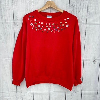 American VINTAGE Sweater Sweatshirt MEDIUM Red Crewneck Buttons Pullover