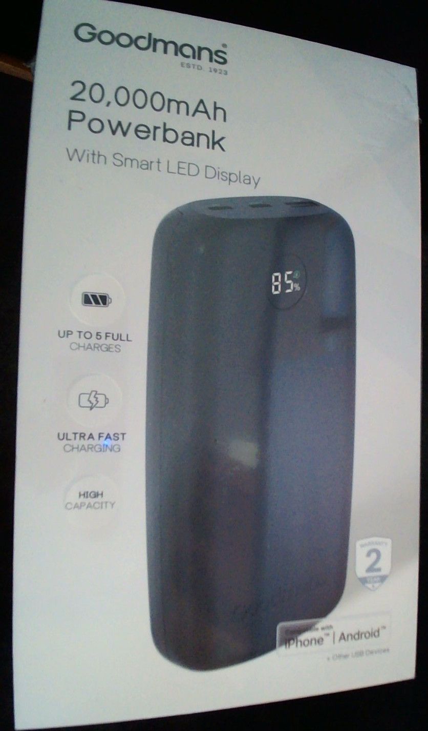 Goodmans 20,000mAh Power Bank. Black. Ultra Fast Charging. LED display.Fast Post