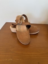 Lottas Sweden Wooden Clogs, Cognac Tan Size 41 US 10 Leather Strap Closed Toe