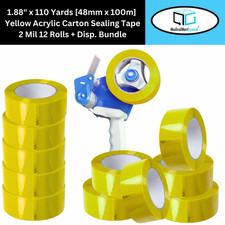 1.88" x 110 Yds Yellow Color Packing Tape 2 Mil Adhesive 12 Rolls  Dispenser