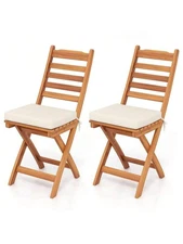 Folding Patio Chairs Set Of 2 With Slatted Backrests And Soft Seat Cushions