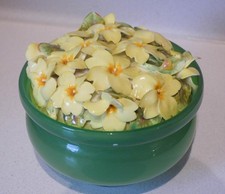Green GLASS TRINKET BOX & PORCELAIN YELLOW FLOWERS  - Dubarry England