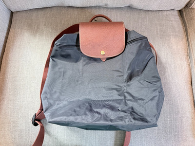 Longchamp Le Pliage Nylon Backpack Black Brown Leather Flap Logo Hardware