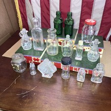 Vintage LOT of 15 Miniature Mixed Lot 13 Clear & 2 Green Glass Bottles