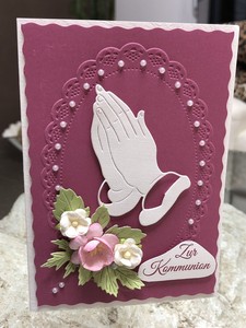 Glückwunschkarte Karte zur Kommunion mit Blumen Halbperlen Umschlag Mädchen Rosa