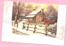 Horse Snow Cabin Fence Country Winter Wreath Embossed Christmas Cards Box of 16